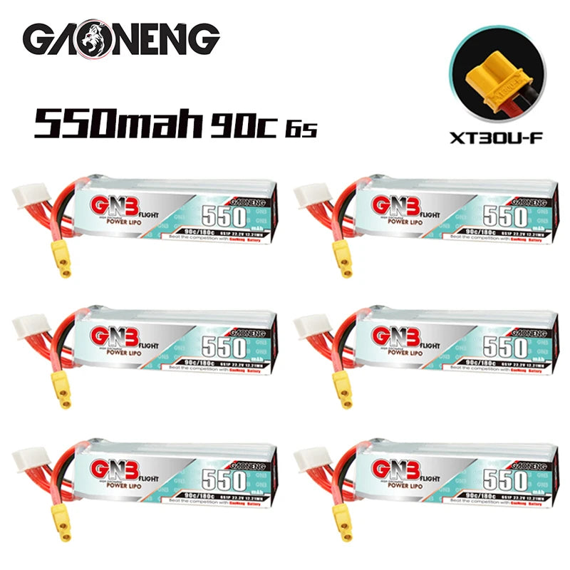 GaoNeng GNB 6S 22.2V 550mAh 90C/180C LiPo Battery, High-performance LiPo battery with 550mAh capacity and rapid charging/discharging for racing and freestyle flying.