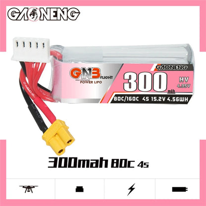 GNB 4S HV 15.2V 300mAh 80C/160C LiPo Drone Battery, High-voltage drone battery with 15.2V and 300mAh capacity, suitable for use in GNB 4S systems.