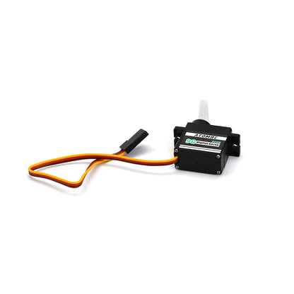ATOMRC S09M Metal 9g Servo with 3-wire lead and 3-pin plug, angled top view on white