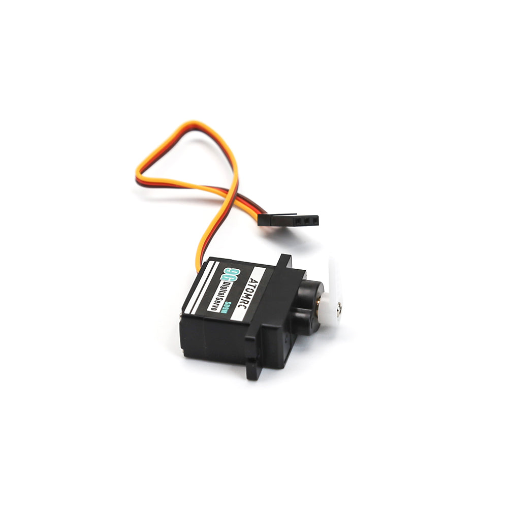Side view of servo case with mounting tabs, output shaft and 3-wire lead connector visible