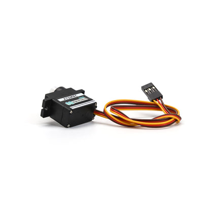 Close angled view of 3-pin servo connector and 3-wire lead attached to servo body