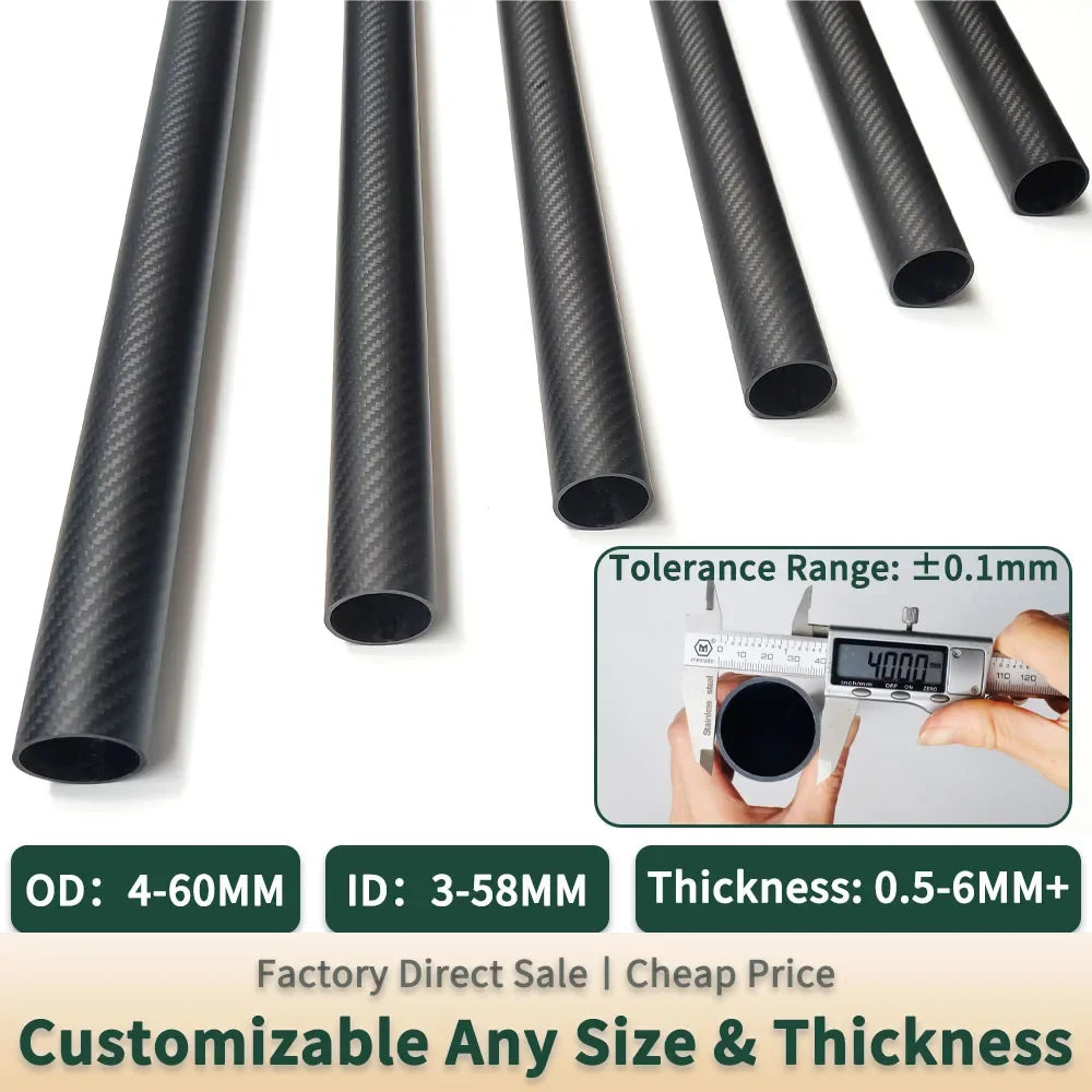 2pcs 500mm Carbon Fiber Tube, Customizable tubing with ±0.1mm tolerance, 4-60mm OD, 3-58mm ID, and 0.5-6mm thickness.