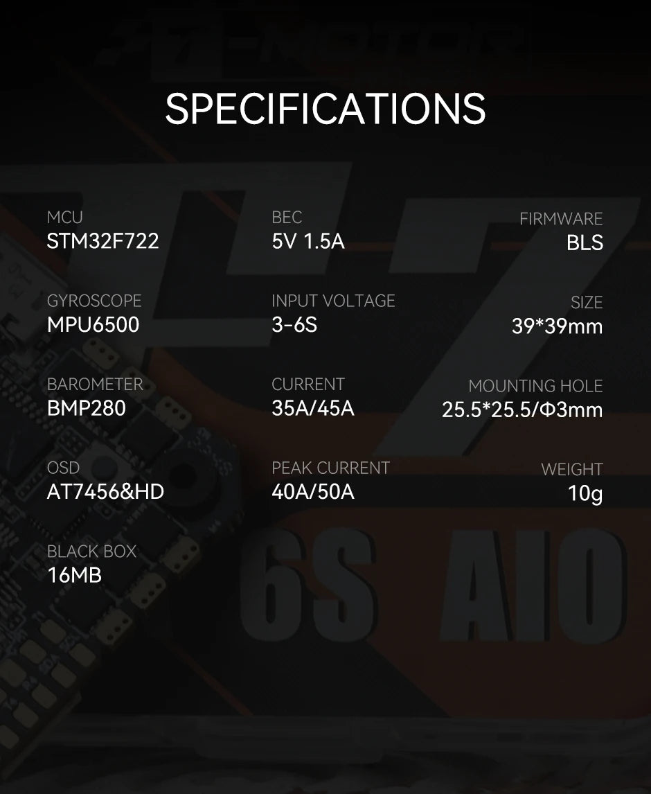 T-MOTOR F7 35A/45A 2-6S AIO - Flight Controller With MPU series Gyroscope Compatible P1804/F2204/F2203.5 Motors 11 T-MOTOR F7 35A/45A 2-6S AIO, MCU BEC FIRMWARE STM32F722 5V 1.5A B