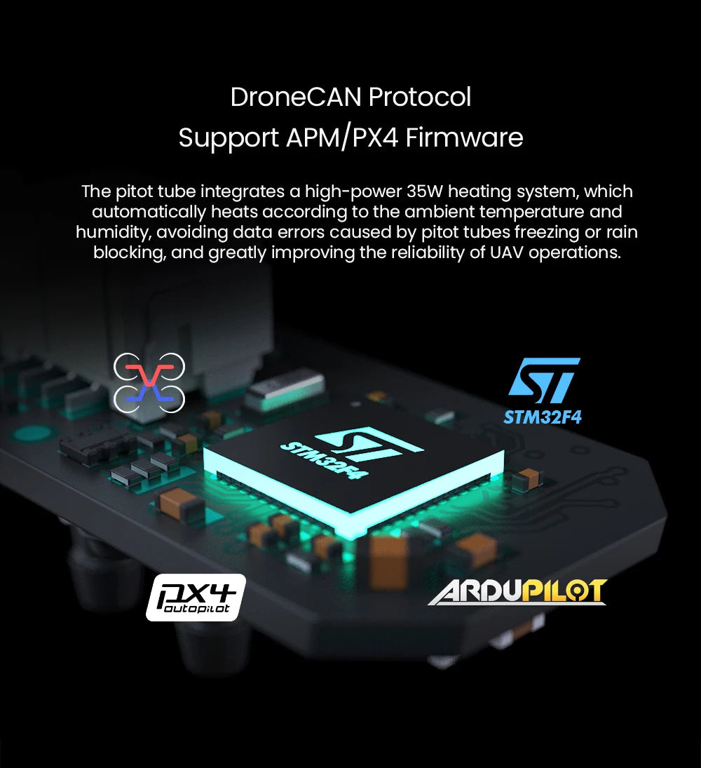 CUAV MS5525 SKYE Airspeed Sensor, pitot tube integrates a high-power 35W heating system, avoiding data