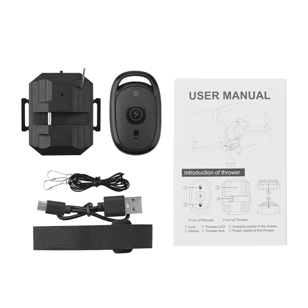 Drone Drop System / Drone Thrower - universal for Most Drones such DJI 4DRC JJRC Syma Hubsan FIMI Drone Fishing Ring Gift Deliver Life Rescue 14 Drone Drop System / Drone Thrower , USER MANUAL Introduction of thrower Froni 0i Remole Front =