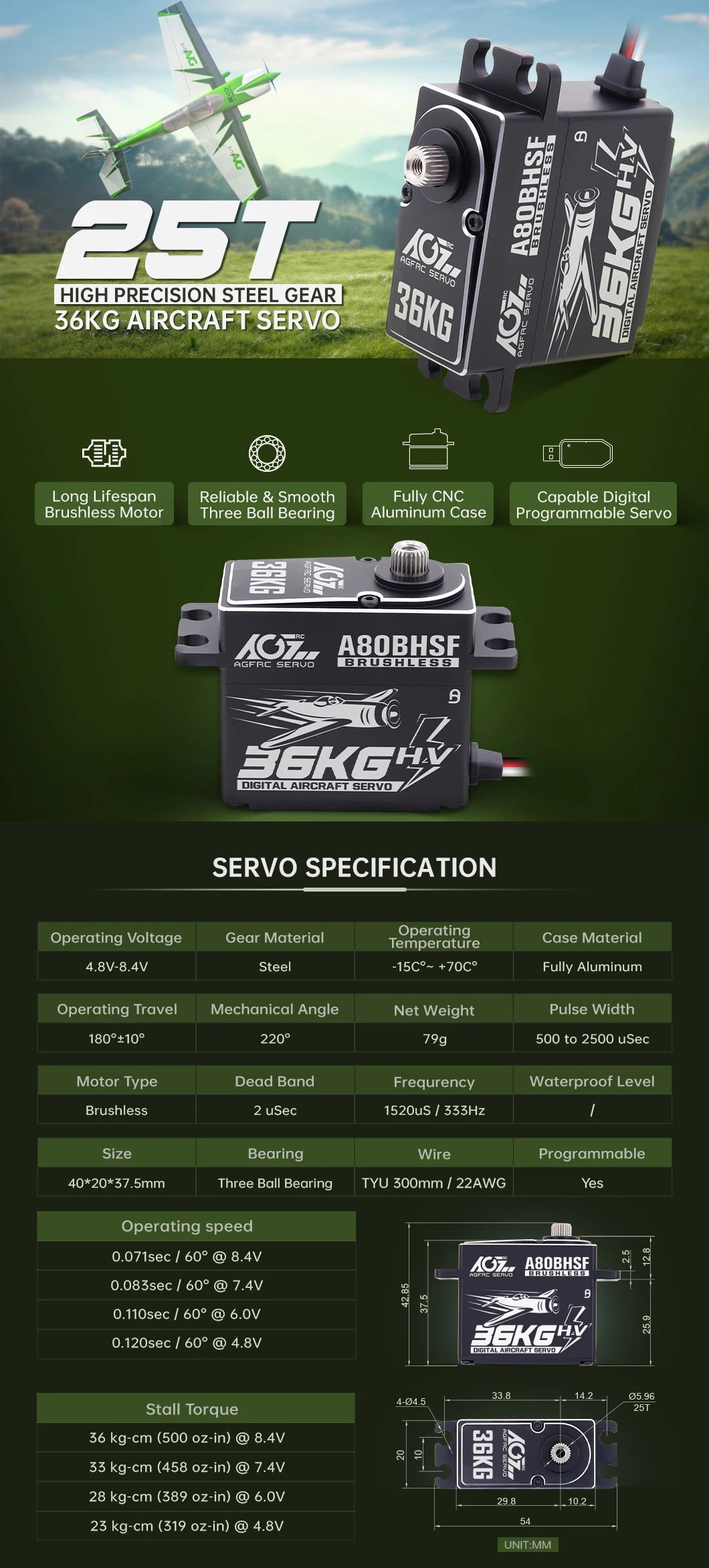 AGFRC Servo, HIGH PRECISION STEEL GEAR 36KG AIRCRAFT SERVO 5 8