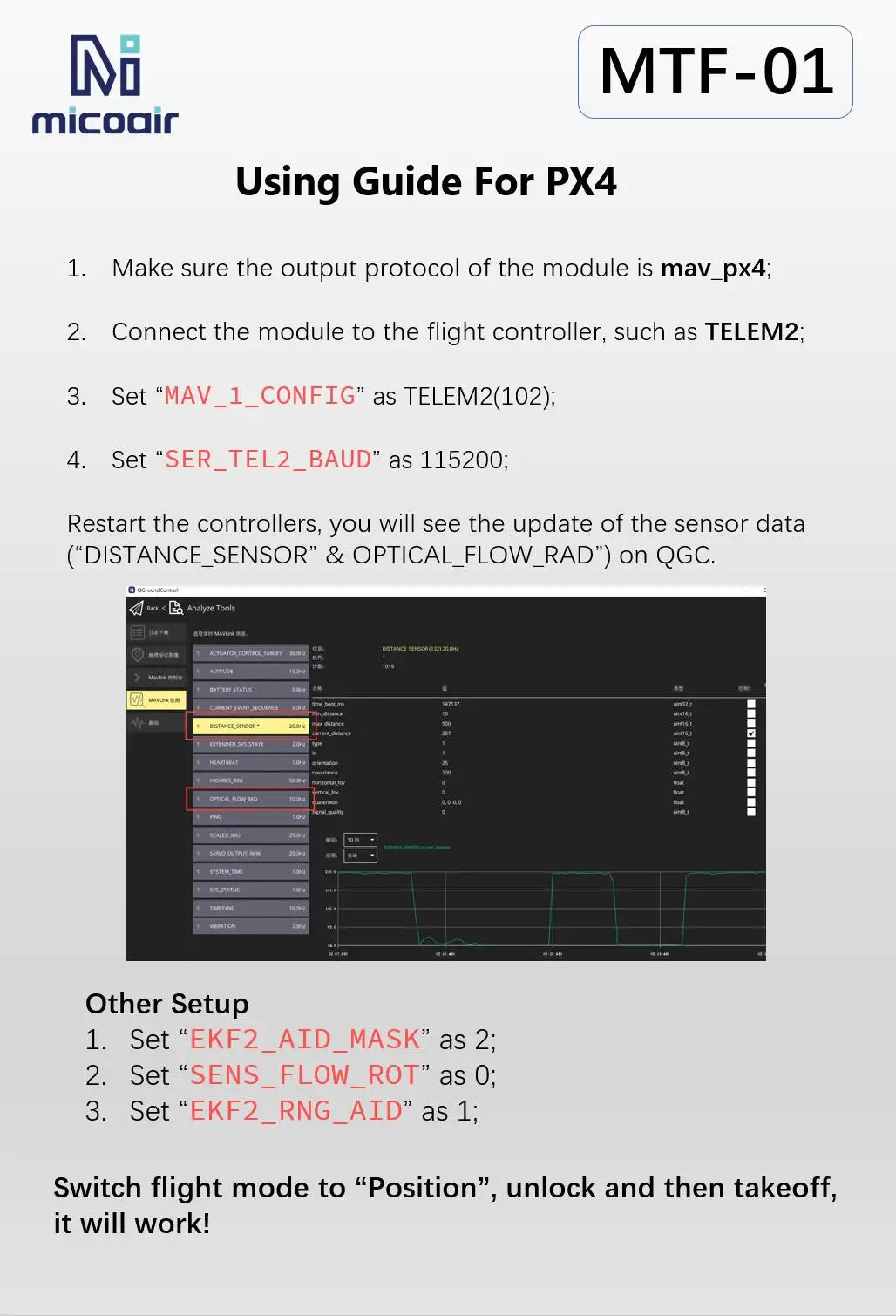 MTF-01 MicoAir Optical Flow Lidar Sensor, Configure MTF-01 Micooir module for PX4 flight controller, restart, and monitor sensor data.