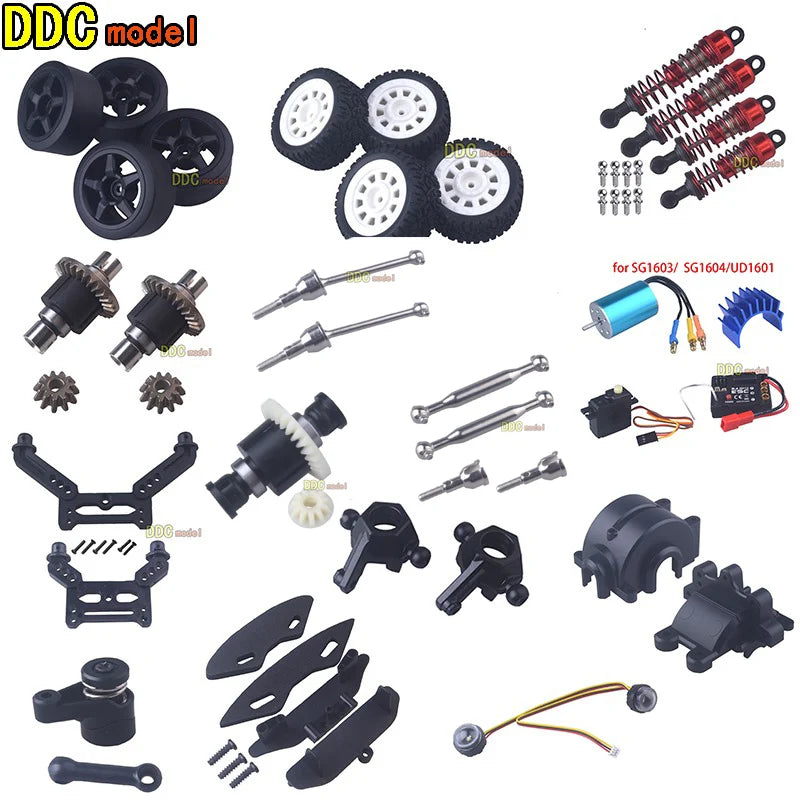 UDIRC SG1603/SG1604 upgrade kit comprises motor, servo, metal gears, wheels, ESC, and accessories for enhanced 1/16 RC car performance.