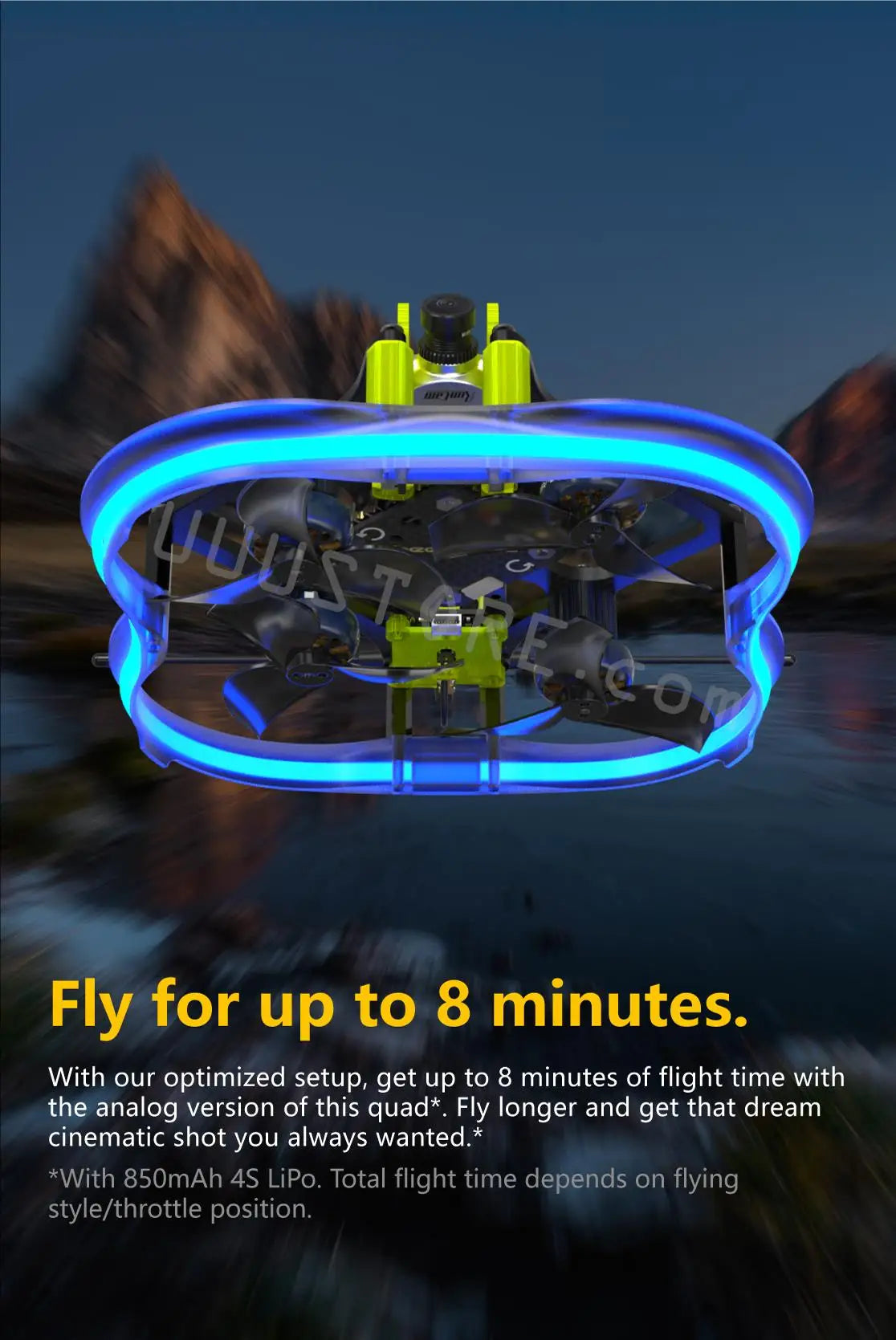 SpeedyBee Flex25 Analog 78mm F7 35A AIO 4S 2.5 Inch CineWhoop FPV Racing Drone with 800mW VTX RunCam Phoenix2 Nano 1000TVL Camera SpeedyBee Flex25 Analog, 850mAh 4S LiPo: Total flight time depends on flying style/throttle