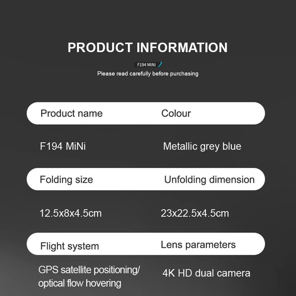 F194 GPS Drone - 1KM 5G 4K HD Dual Camera Fixed Height Brushless WIFI FPV Foldable Quadcopter Professional Camera Drone 36 F194 GPS Drone, F194 MiNi Metallic grey blue Folding size Unfolding dimension 12.5x