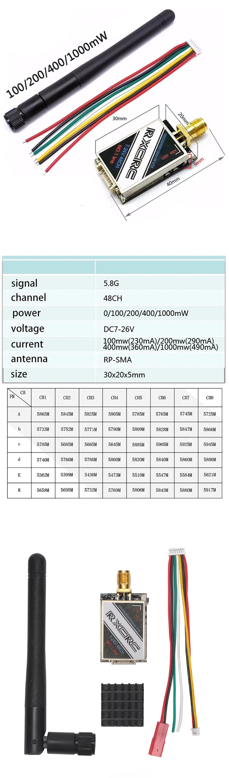 RXCRC 5.8GHz 1W/1.6W/2W FPV VTX, RXCRC Origin : Mainland China Material : Composite Material Recommend