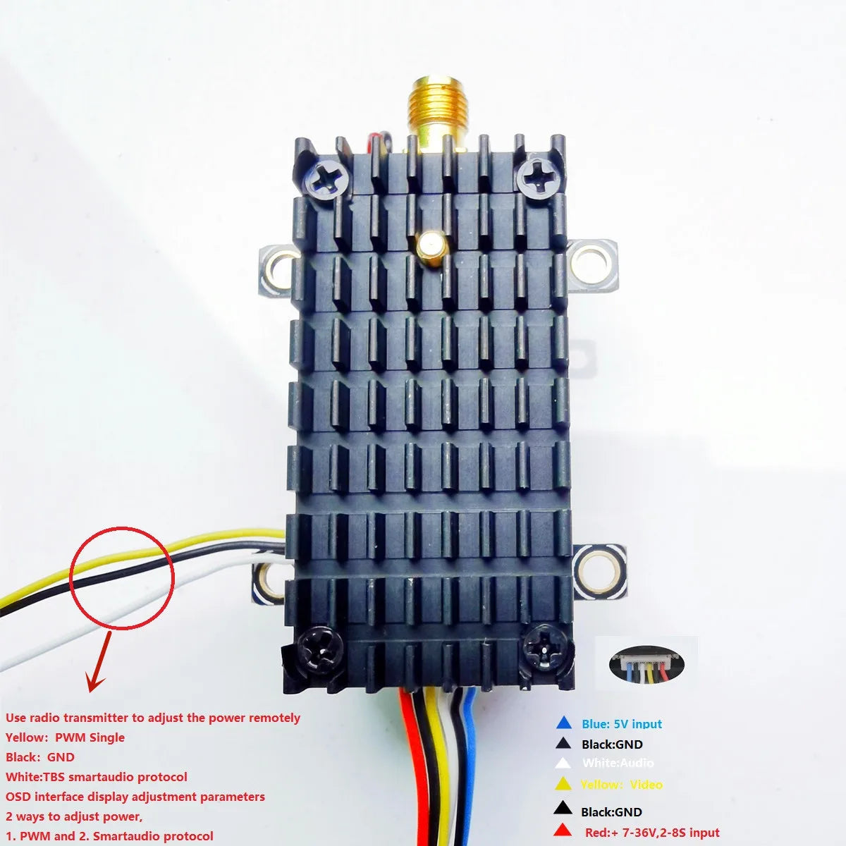 TS582000 5.8Ghz 2W VTX, use radio transmitter to adjust the power remotely Blue: SV input Yellow: PWM Single Black