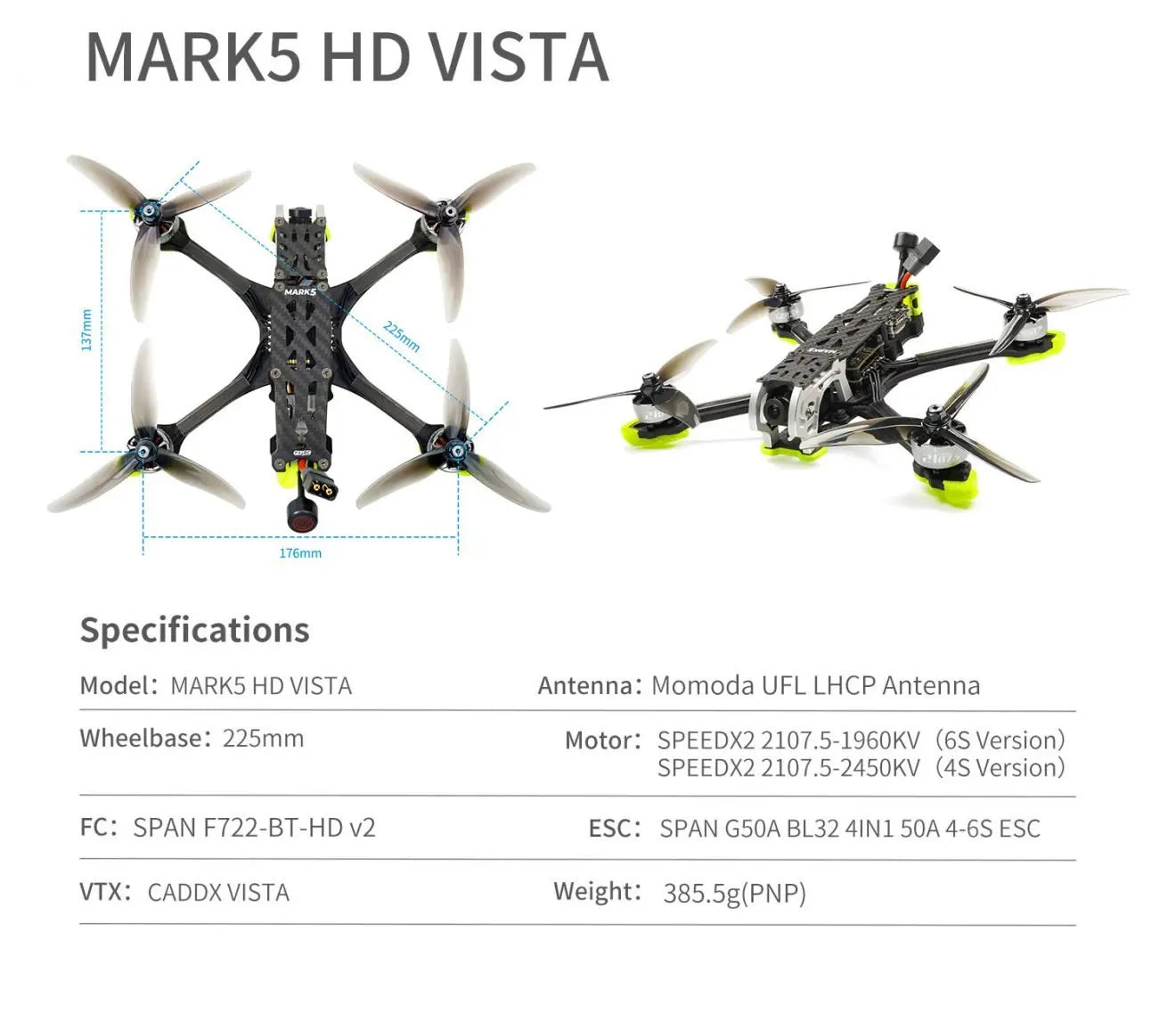 MARK5 HD AVATAR Freestyle FPV Drone - 4S/6S ELRS 2.4G 5Inch SPEEDX2 2107.5 Motor RC FPV Quadcopter LongRange Freestyle Drone 21 MARK5 HD AVATAR Freestyle FPV Drone, MARKS HD VISTA Enti 1 176mm Specifications Model: MAR