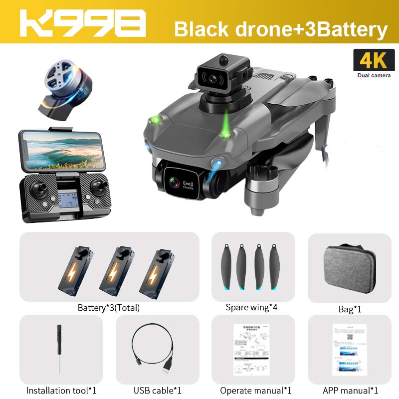 K998 Drone, KSSE Black drone+3Battery AK Dual camera
