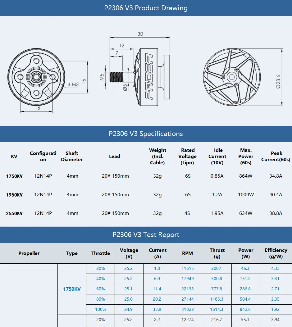 T-motor, T-MOTOR PACER P2306 V3.0 SPECIFICATIONS