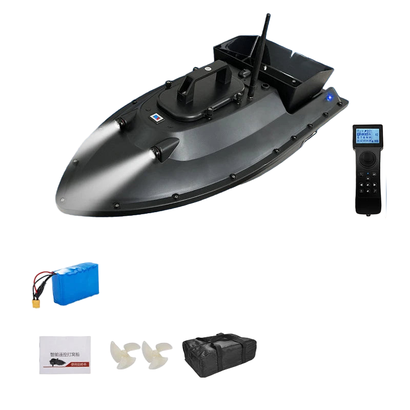 12V GPS RC Bait Ship with 99‑point positioning, 600m remote range, 2.5kg load, night lights, cruise control, auto return