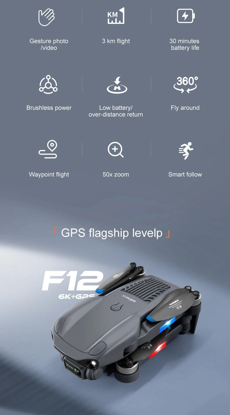 F12 GPS Drone - 4K HD professional 6K HD Dual Camera Wi-Fi FPV RC helicopter Brushless Foldable Quadcopter RC Distance 2KM Professional Camera Drone 25 F12 GPS Drone, Km Gesture photo 3 km flight 30 minutes Ivideo battery life 3609 Brushless