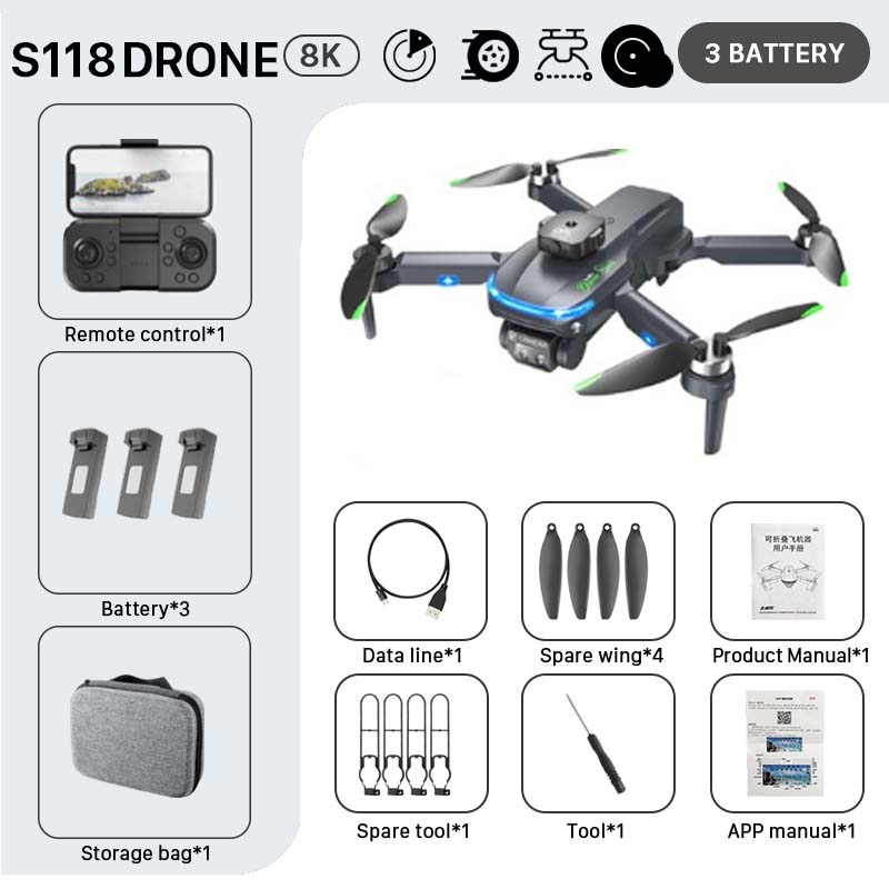 S118 Drone, S118 DRONEc 8K 3 BATTERY Remote control*1 911 7