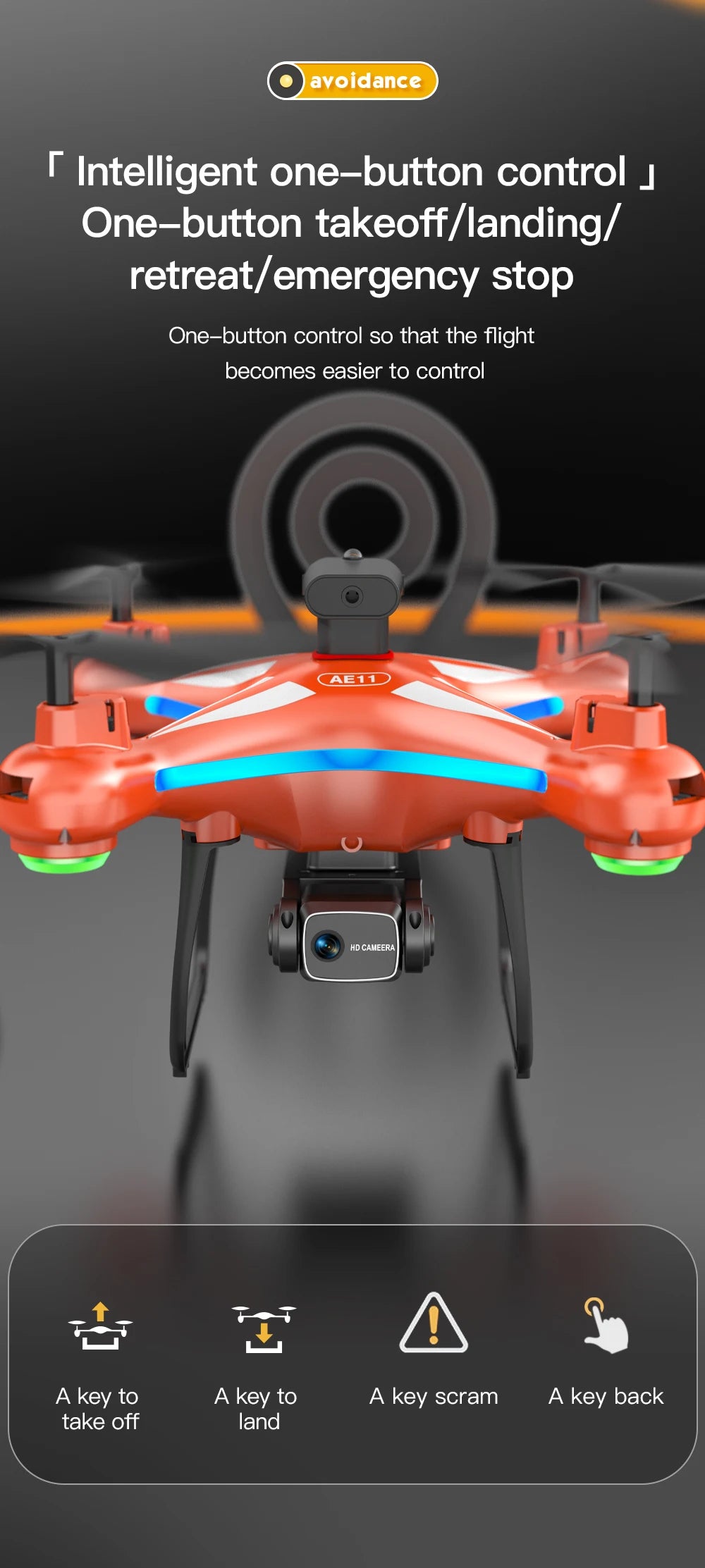 AE11 Drone, one-button takeoff/landing/ retreat/e