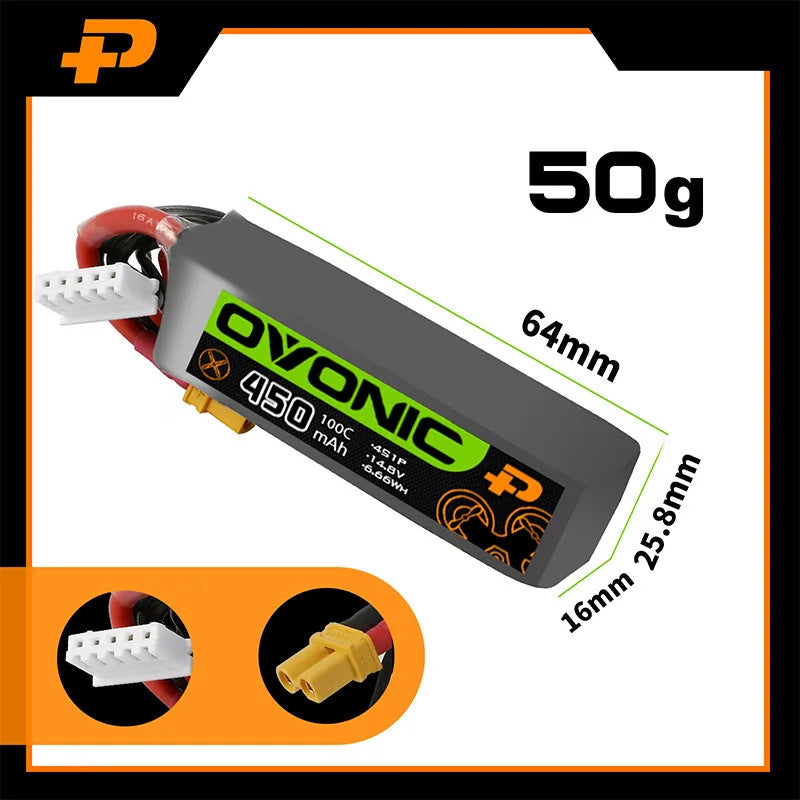 Ovonic 14.8V 4S 450mAh 100C LIPO Drone Betri Yenye Plug ya XT30