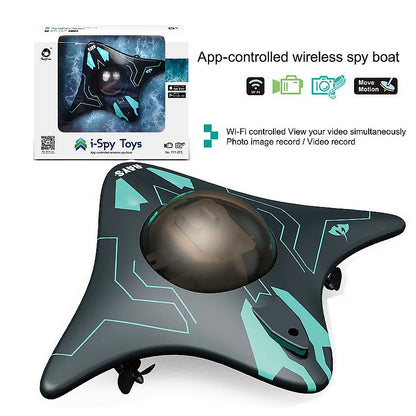 Kmoist WiFi FPV RC Boat, Wi-Fi spy boat with camera, photo/video recording, motion detection, LED lights, and app control for remote monitoring and navigation.