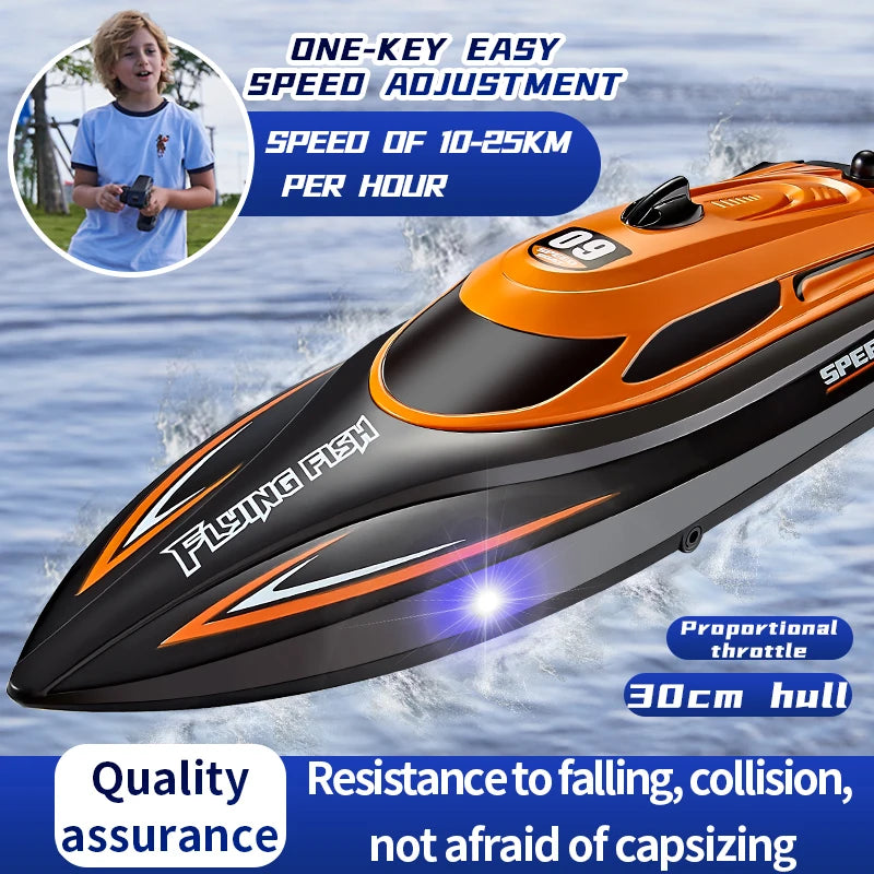 ANTSIR HJ812 RC Boat, Fast 25km/h RC boat with 30cm hull, one-key speed control, proportional throttle, durable design, and anti-capsizing feature for stable, fun performance.