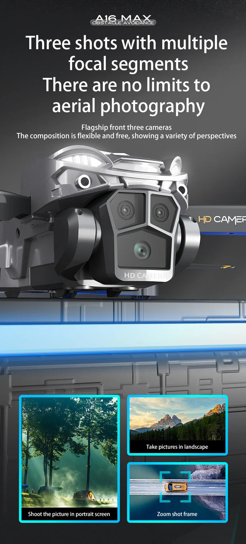 A16 MAX Drones - Professional ESC HD Triple Camera-360° Obstacle Avoidance-Optical Stream Positioning Quadcopter 15 A16 MAX Drone, 8316 acle nbbane three shots with multiple