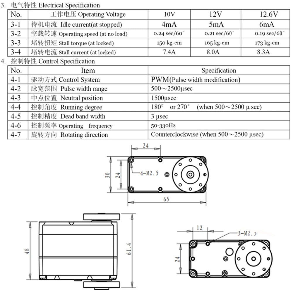 DSServo, electrical specification no_ ILm Operating Voltage IOV 12V 12.6V 3-1