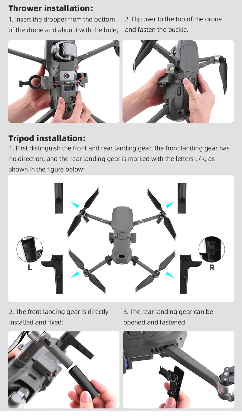 the front landing gear has no direction, and the rear landing gear is marked with the letters L