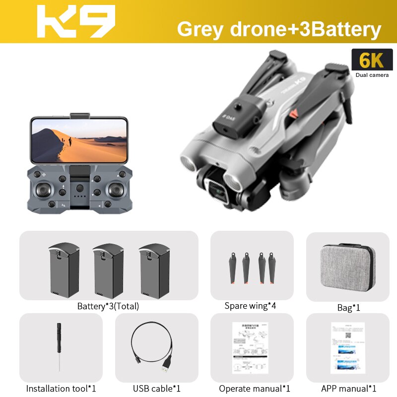 K9 RC Drone, KD Grey drone+3Battery 6K Dual camera Battery