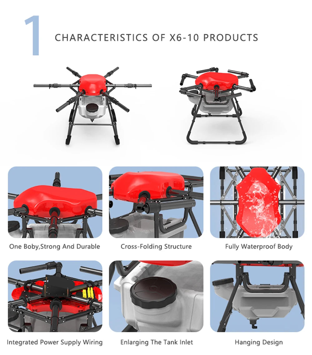 The Dreameagle X610 drone kit has a robust structure, is waterproof, has an integrated power supply, and an enlarged tank inlet.