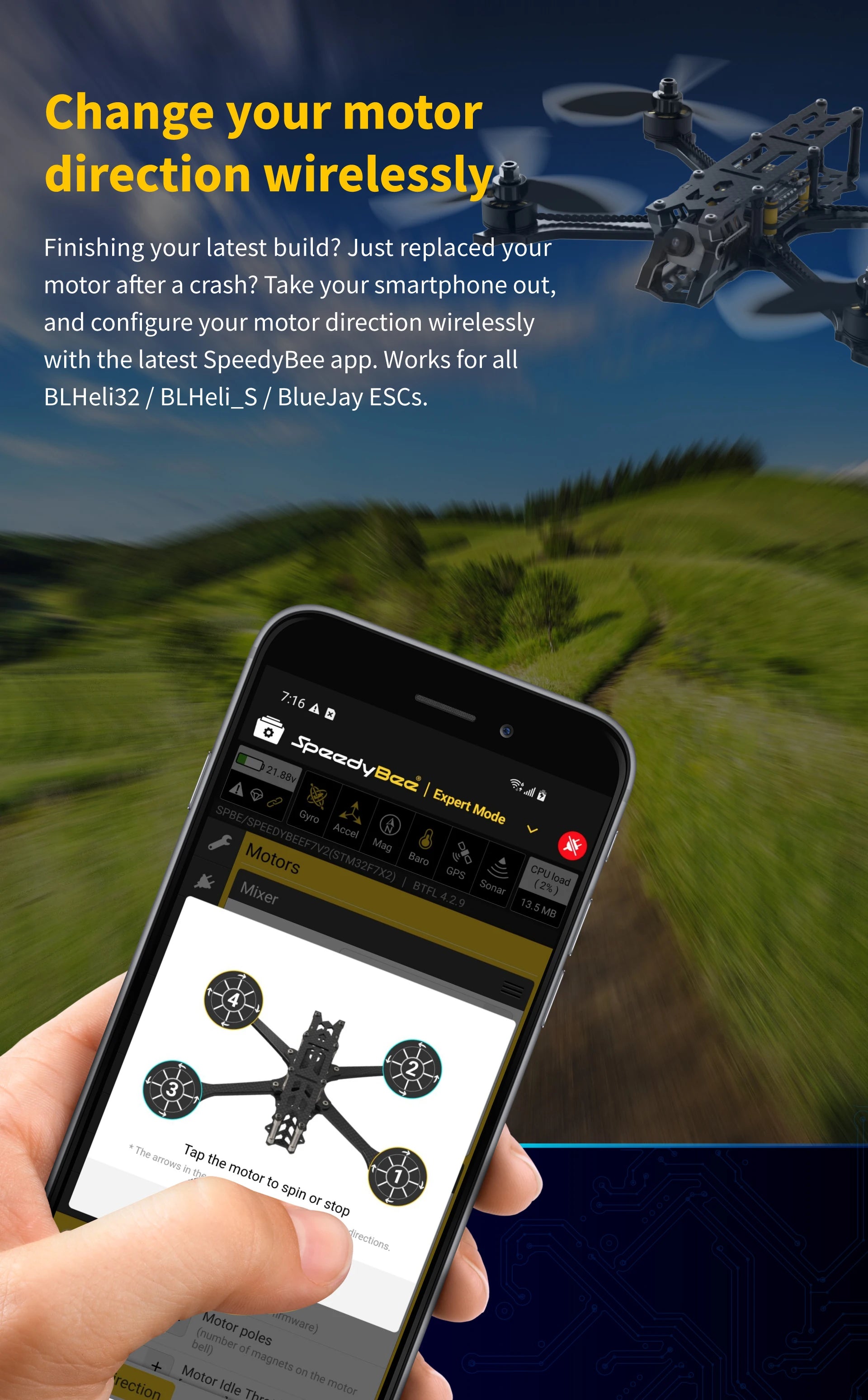 RunCam SpeedyBee F7 V3 BL32 50A 30x30 Stack, speedybee app allows you to change your motor direction wirelessly . works for all