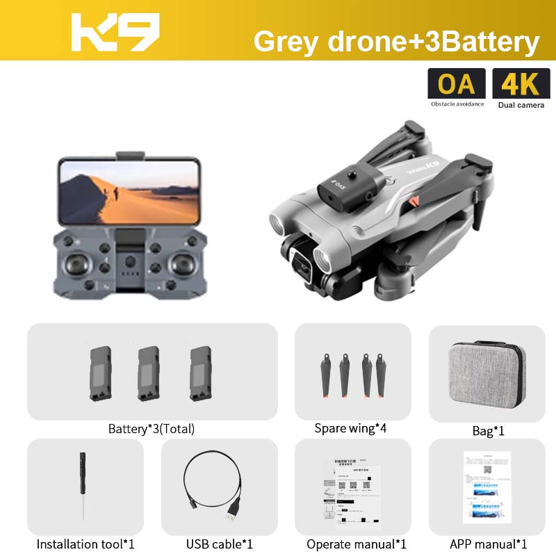 K9 RC Drone, KS Grey drone+3Battery OA 4K Oh