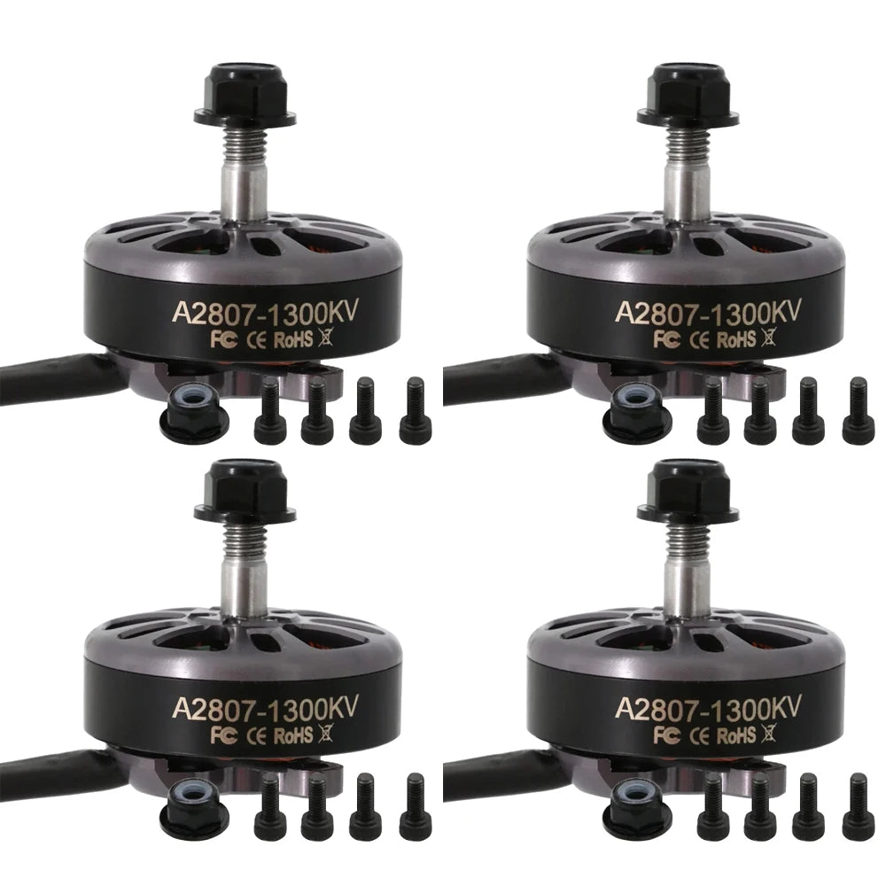Angel A2807 KV1300 6S brushless CW motor for 7-inch FPV drones, with FC CE RoHS certification.