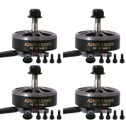 Angel A2807 KV1300 6S brushless CW motor for 7-inch FPV drones, with FC CE RoHS certification.