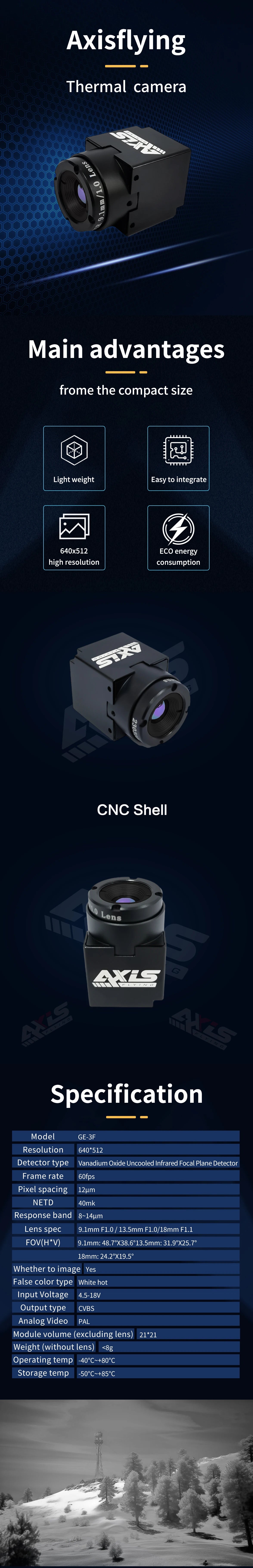 Axisflying 640 Thermal Imaging Camera, 640x512 ECO energy high resolution consumption CNC Shell 4x8 63 Specification