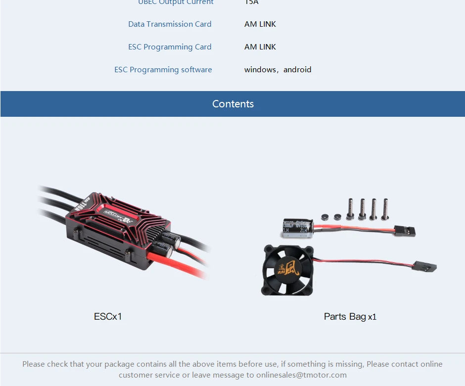 T-MOTOR AM116A ESC, UBEC Outpul Cunen Data Transmission Card AM LINK ESC Programming software