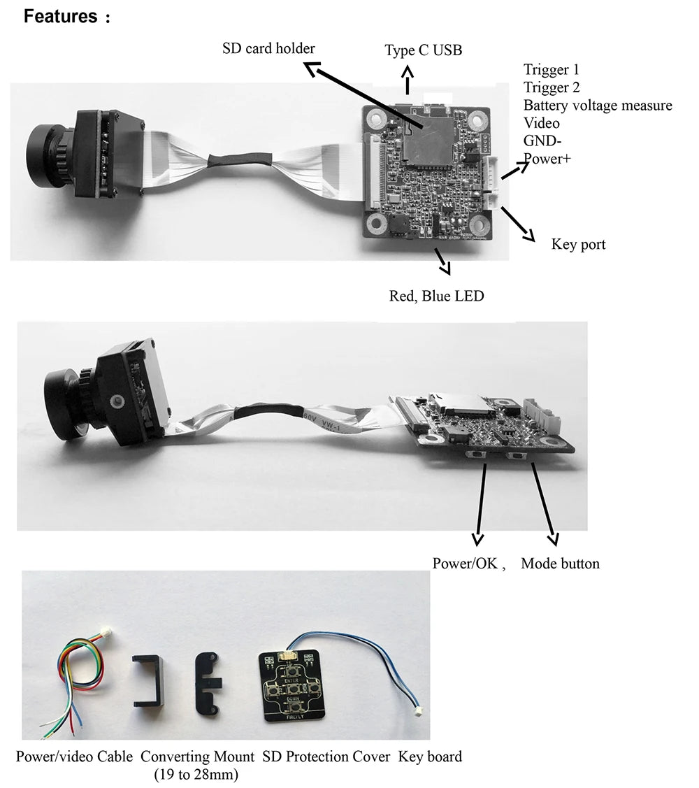 Features SD card holder Type €C USB Trigger Trigger 2 Battery voltage measure Video G