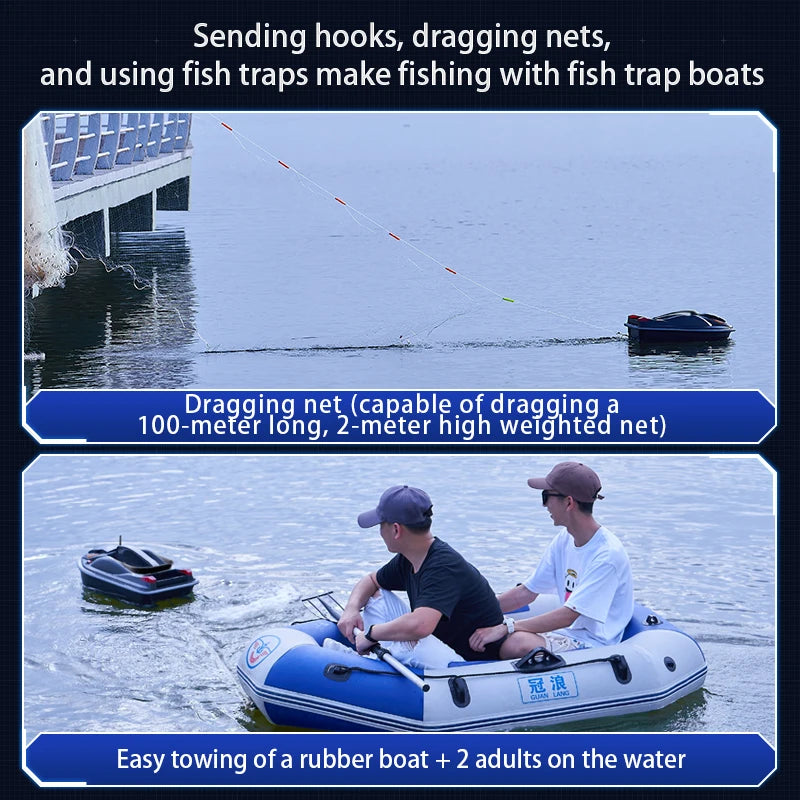 HJ817 RC Fishing Boat, RC fishing boat with GPS auto-return, 500m range, 12V power, 3-hopper bait system, and voice/cruise control for enhanced fishing experience.