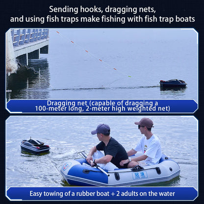 HJ817 RC Fishing Boat, RC fishing boat with GPS auto-return, 500m range, 12V power, 3-hopper bait system, and voice/cruise control for enhanced fishing experience.