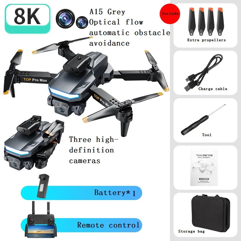 A15 Drone, A15 Grey Include 8K Optical flow automatic obstacle Extra propellers avoidance TOP