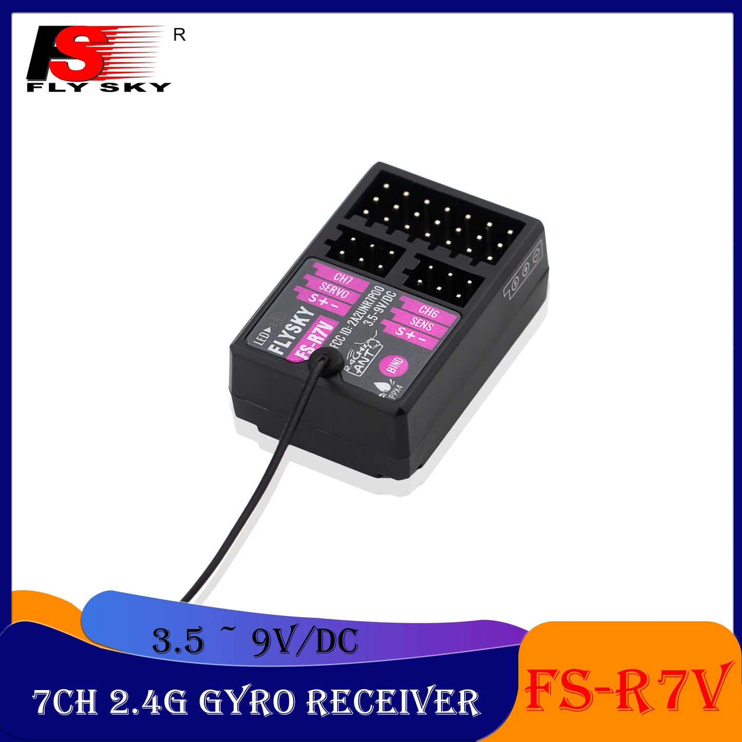 FLYSKY FS-R7V 7CH 2.4G Gyro Receiver - 3.5 ~ 9V/DC ANT Single Antenna PWM for RC Model Cars Boats Transmitter FS-G7P Accessories