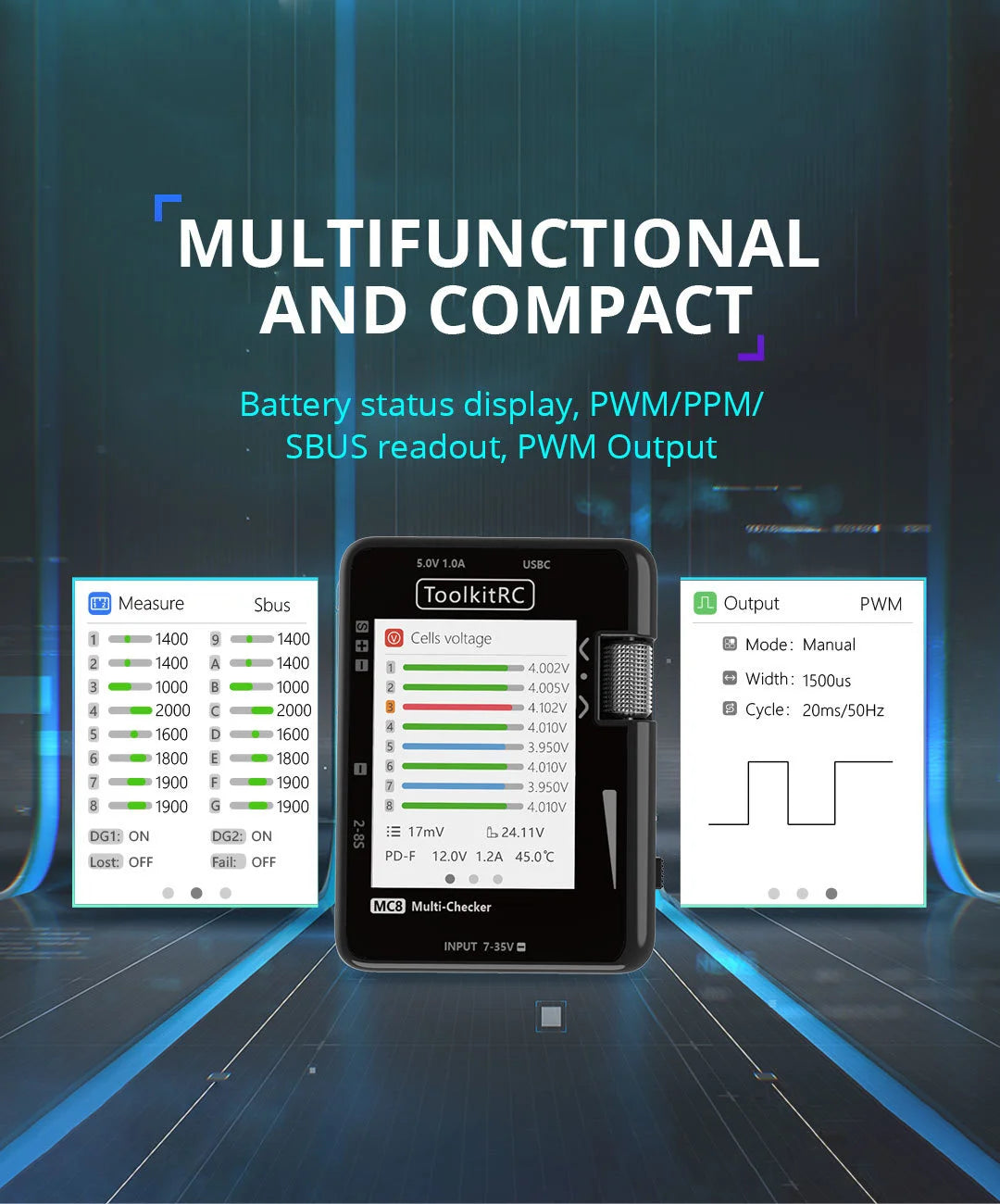 ToolkitRC MC8, Battery status display, PWMPPM SBUS readout; PWM Output 5.0