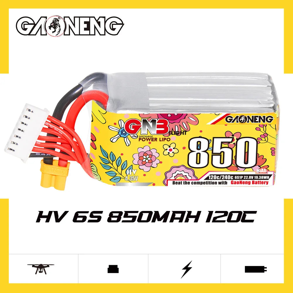 GaoNeng GNB 6S HV 22.8V 850mAh 120C Lipo Battery, GaoNeng GNB 6S HV LiPo Battery: 850mAh, 120C Discharge Rate, 22.8V Voltage for FPV Racing Drones