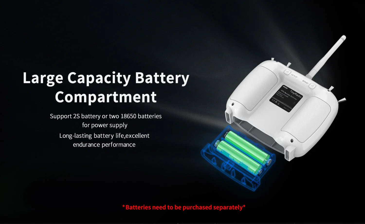 GEPRC TinyRadio ELRS Remote Controller, Large Capacity Battery Compartment Support 2S battery or two 18650 batteries for power