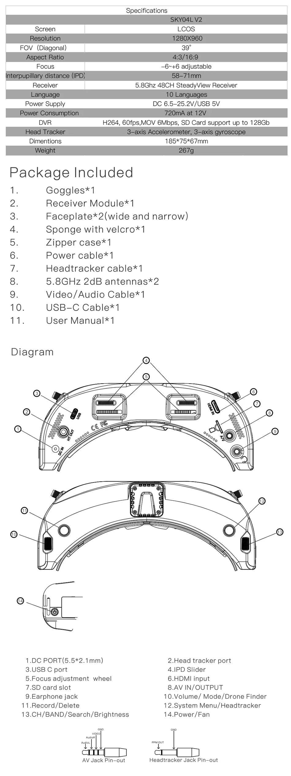 SKYZONE SKY04L V2 04L 04X FPV Goggles - 1280×960 5.8G 48CH Steadyview Receiver Build In Headtracker Video Glasses RC Racing Drone 23 SKYZONE SKY04L V2 04L 04X FPV Goggles, Specifications SKYO4L V2 Screen LCOS Resolution 1280X960