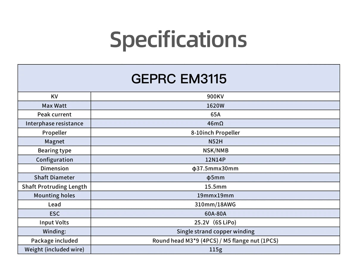GEPRC EM2812 EM3110 EM3115 900KV Motor - 60A-80A Brushless Motor Black with 7/8/9/10 Inch RC FPV Racing Drone Multicopter 16 GEPRC EM2812 EM3110 EM3115 900KV Motor, Specifications GEPRC EM3115 KV 900kV Max Watt 1620