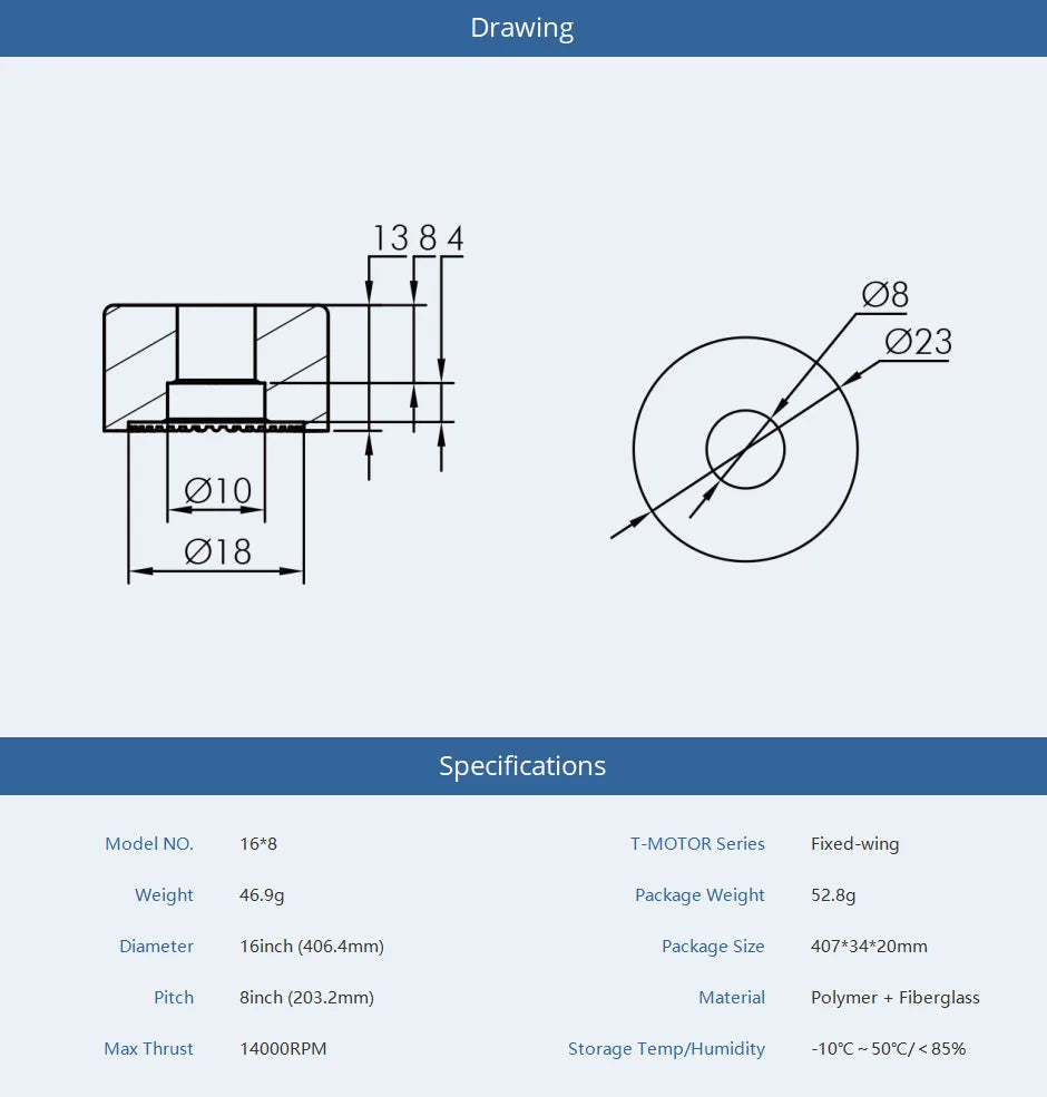 T-MOTOR T16*8 Propeller, 16*8 T-MOTOR Series Fixed-wing Weight 46.9g Packag