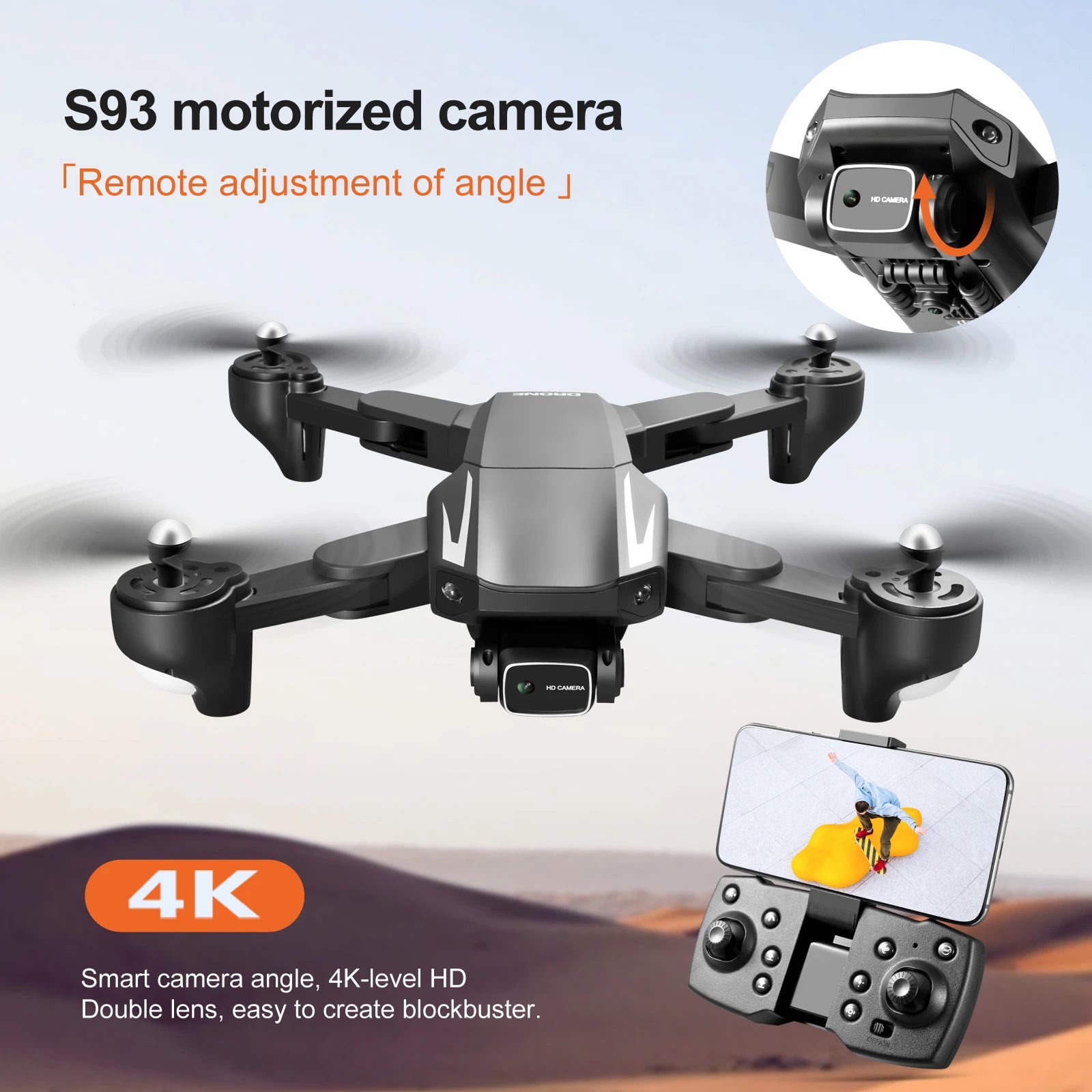 S93 Drone, s93 motorized camera tremote adjustment of angle 
