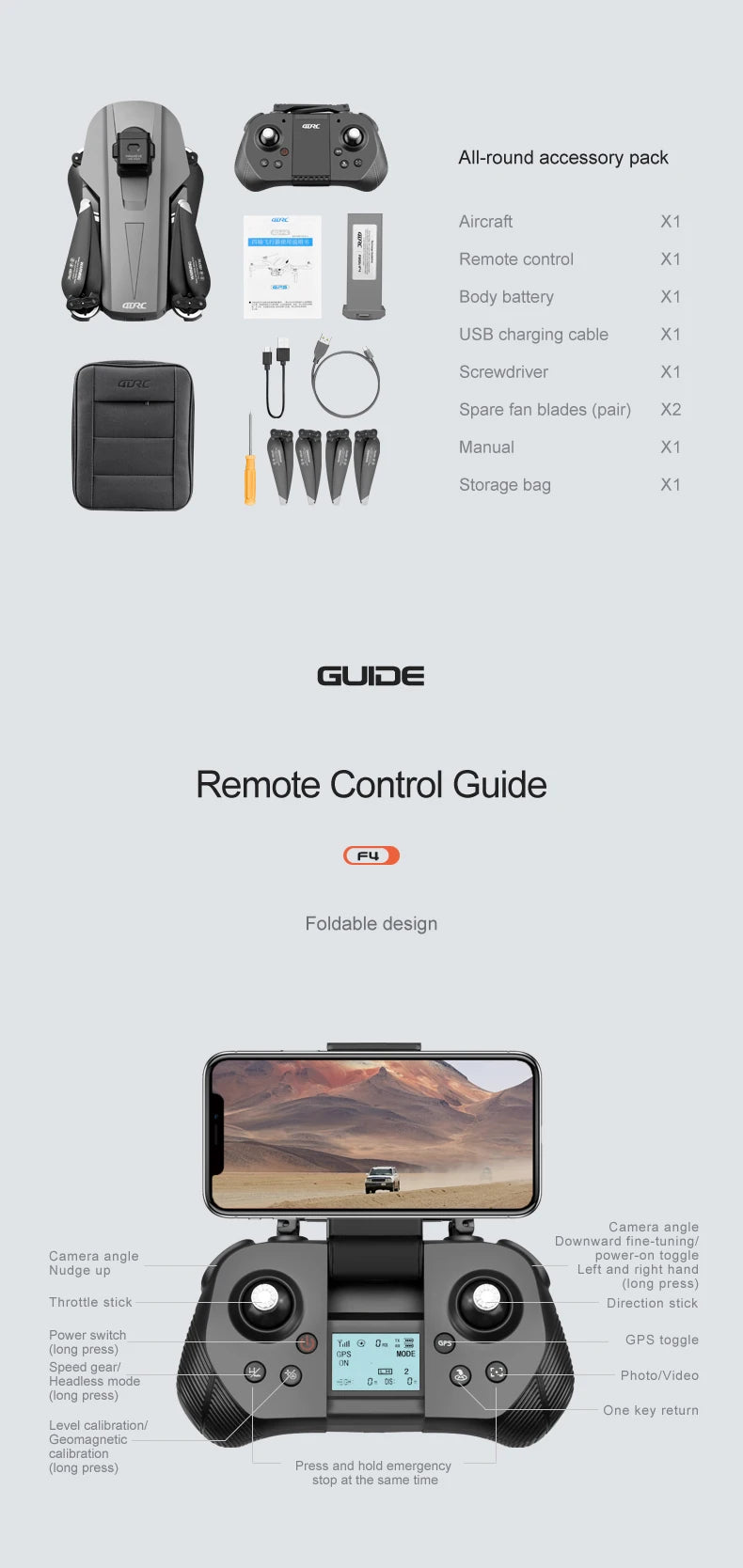 F4S Drone - 6K HD ESC Camera GPS WIFI FPV Brushless Obstacle Avoidance Four Axis Foldable Remote Control Helicopter Toy Boy Professional Camera Drone 29 F4S Drone, Aircraft Remote control body USB charging cable 1 Screwdriver are Spare fan blades (